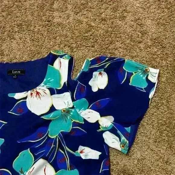 Luxology Women's Floral Cold Shoulder Dress Size 12 Navy Blue Short Sleeve - Picture 8 of 9